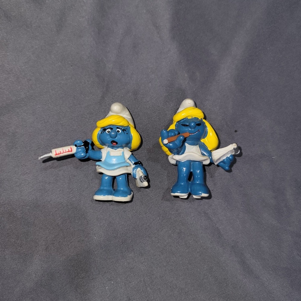 Vintage 1981 Mini PVC Smurf Smurfette Nurse Schleich/Peyo Secretary Figures 2